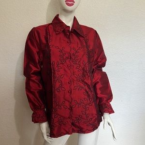 *NWT VICTOR COSTA QVC 100% Silk Embroidery Red Button Down Shirt Size M